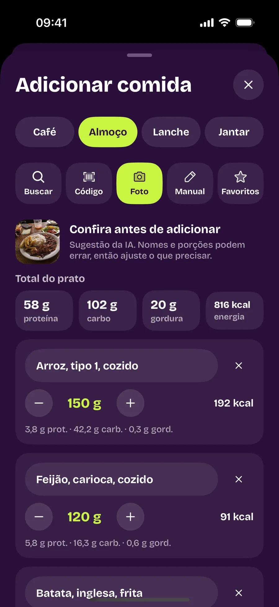 Tela Adicionar comida com a análise da foto: arroz, feijão e batata com as gramas estimadas e o total do prato, 58 g de proteína.